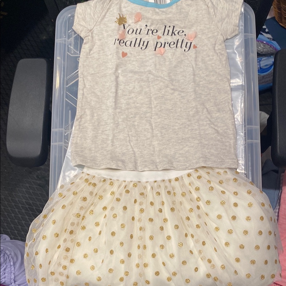 Girls Gray Top and White Tulle Skirt with Gold Polka Dots